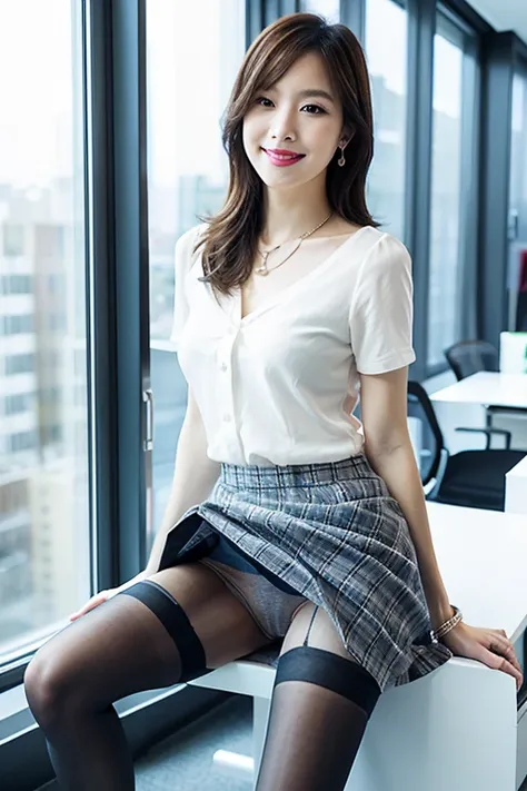 (best quality),(full body portrait),(full body shot)、slim and beautiful legs、((high heels))、delicate face,Pretty face,Slender,(skirt lift:1.2), (skirt lift by myself:1.3), white panties , panties focus, looking at the viewer ,Blue shirt, Gray plaid skirt、c...