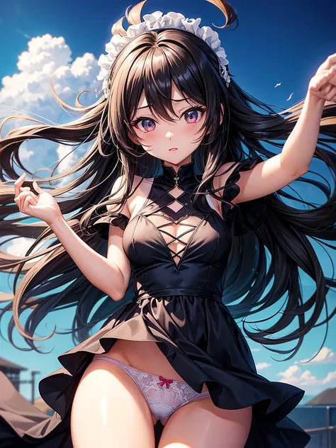 anime girl with long hair and a black dress posing for a picture, sayori, Cute girl anime visual, anime moe art style,  taking off her dress, anime girl weaAlsog a black dress, pretty anime girl, (anime girl), cute anime girl, Cute anime wife in a nice dre...