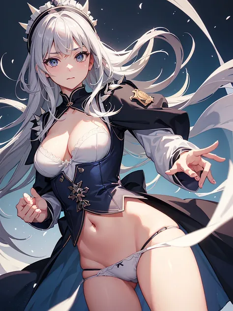 ((16 Nights Sakiya)), ((desire to project)), cosplay, 20 year old female, (((gray hair)), ((medium spiky hair)), ((Blue maid uniform taken off)), ((Front open white blouse、Underwear fully visible、sexy)), mid chest, (light)))), (Pause))), (realistic photo: ...