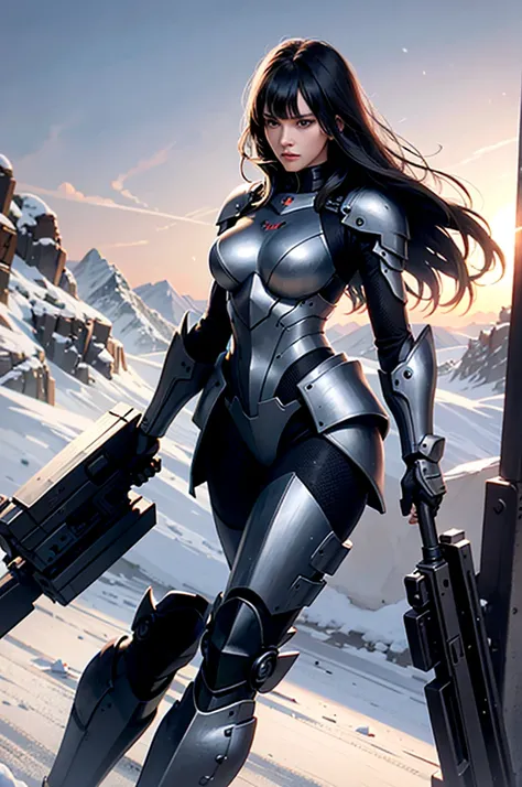 Incredibly ridiculous face, silky long black hair, pure black long hair (obvious), domineering female attack, indifferent and emotionless expression, hair color is black, black hair, woman wearing black nano armor, full of mecha sense, full of science and ...