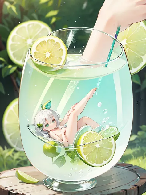 a cute little naked flat-chested fairy floating inside a fizzy glass of lemon-lime soda