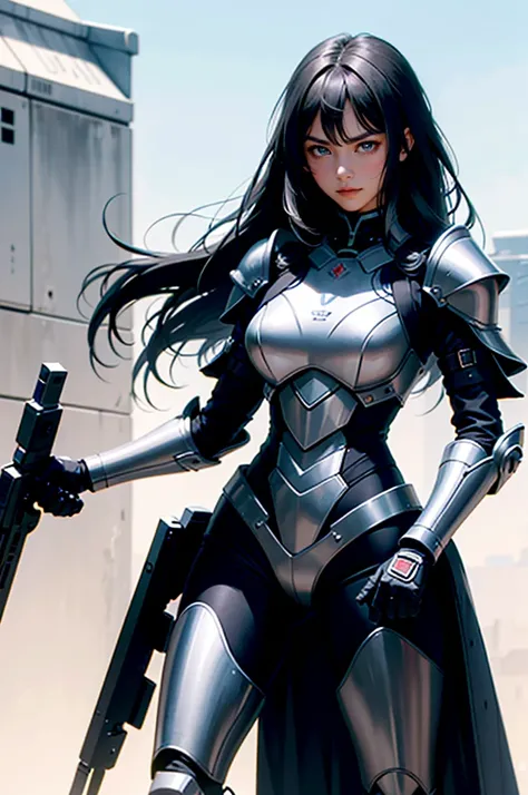 Incredibly ridiculous face, silky long black hair, pure black long hair (obvious), domineering female attack, indifferent and emotionless expression, hair color is black, black hair, woman wearing black nano armor, full of mecha sense, full of science and ...