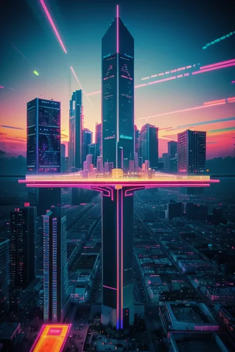 aesthetic, surreal, nostalgic, vibrant colors, glitch art, 80s vibes, neon lights, palm trees, retro technology, Japanese kanji, VHS tapes, cassette tapes, futuristic cityscape, cyberpunk, dreamlike, pastel hues, digital art, lo-fi music, sunsets, geometri...