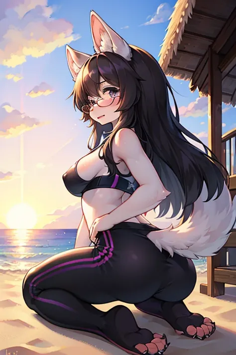 1girl, solo, furry, anthro, canine, dog, poodle, female, dog_ears, curly_hair, long_hair black and white fur, black_hair, curly_hair, floppy_ears, glasses, fat_ass, bubble_butt, chest_fluff, fluffy_tail, seaside, yoga_pants, skin_tight, purple_pants, sport...