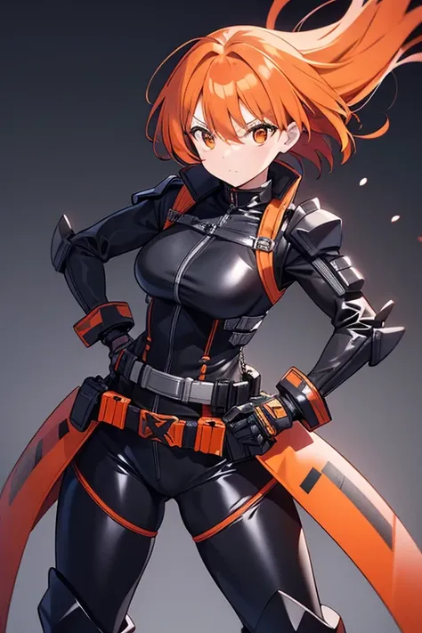 A beautiful orange-haired woman dressed in a tight-fitting black latex and armored suit., having a steel belt with compartments, a pair of black boots and is armed with 2 guns .