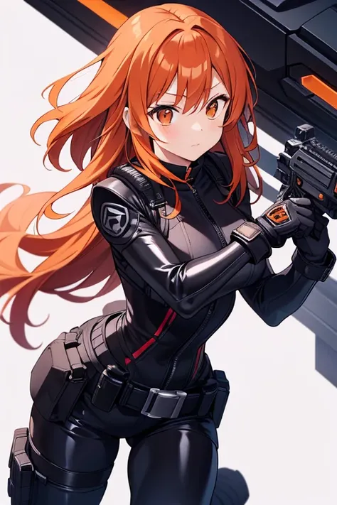 A beautiful orange-haired woman dressed in a tight-fitting black latex and armored suit., having a steel belt with compartments, a pair of black boots and is armed with 2 guns .