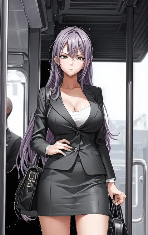 A beautiful woman with long hair, big breasts, and beautiful legs is standing on a train in a tube top, suit, and miniskirt, glaring at a bald middle-aged man in a suit.。