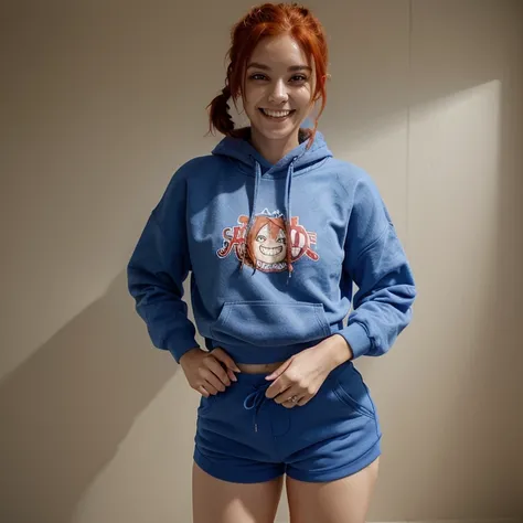 Woman with red hair tied up wearing a blue sweatshirt with a smile in the middle while wearing shorts, anime