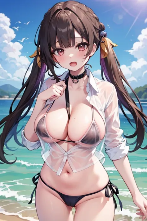 masterpiece, best quality,sushang, large breast, twintails, 1girl, masterpiece, best quality, highly detailed, horny face, blush, camel toe, wide hip, perfect body, ((Masterpiece, best quality)), edgQuality, edgBIC,bikini under clothes, solo, breasts, look...