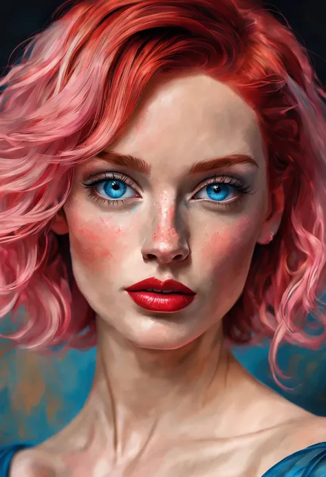 high quality portrait of a woman, digital painting, vibrant and dynamic expression, striking blue eyes, short pink hair with met...