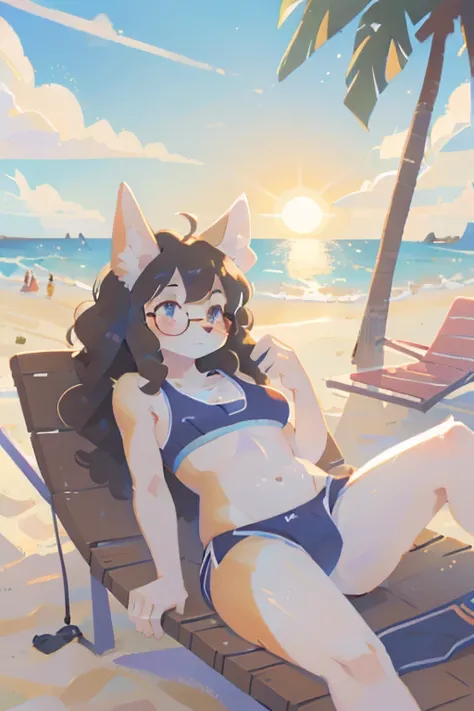 1girl, solo, furry, anthro, canine, dog, poodle, female, dog_ears, curly_hair, long_hair black and white fur, black_hair, curly_hair, floppy_ears, glasses, fat_ass, bubble_butt, chest_fluff, fluffy_tail, seaside, gym_shorts, skin_tight, purple_shorts, spor...