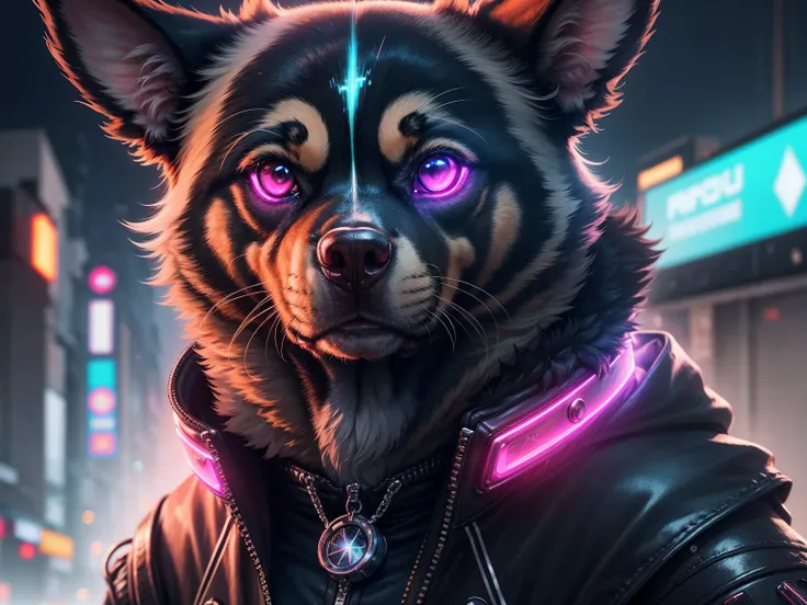 Imagine a riveting close-up portrait capturing the essence of a cyberpunk dog, its gaze intensified through neon-lit mechanical glasses, and a futuristic jacket boasting vibrant neon stripes, epitomizing a fusion of canine charm and high-tech aesthetics. S...