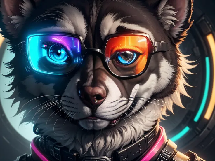 Imagine a riveting close-up portrait capturing the essence of a cyberpunk dog, its gaze intensified through neon-lit mechanical glasses, and a futuristic jacket boasting vibrant neon stripes, epitomizing a fusion of canine charm and high-tech aesthetics. S...