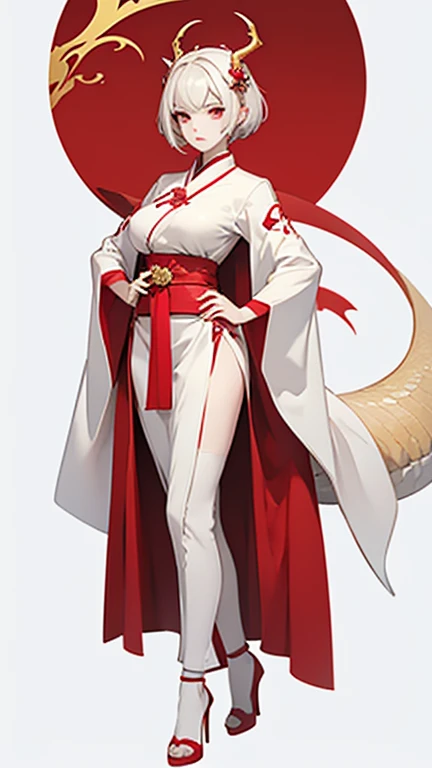 a girl，white short hair，huge breasts，slender waist，There are two dragon horns on the head，Wearing red clothes，The type of clothing is Hanfu，golden headdress，red and white background color，Standing posture，wearing high heels。Perfect body。