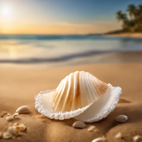 You are challenged to create a realistic image of a shell on the edge of the sea, on a beautiful beach with a lush landscape. The shell is white in color with a soft sheen and contains a delicate pearl inside. The crystal clear sea water is gently touching...