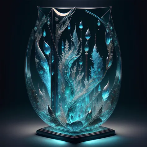 A masterpiece of glass sculpture，There are plants inside, water,A Song of Ice and Fire，luminescent, fantasy, high quality, high detail, best quality,