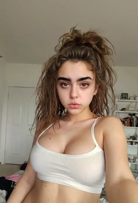 a webcam photo of 21yo girl. Brown eyes, thick eyebrows, wears a tight very thin white top, curvy, messy hair, insecure, Reddit post, 2013 snapchat, amateur, bad light, indoor, white wall, big breasts, realistic, full body picture 