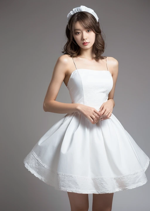 Photo session、maid costume、full body shot、A woman with the same face as last time(misaki)，４Ｋ、１people&#39;s women、slender、 Loose wavy styling 、seductive and attractive,Including face and skin texture，detailed eyes、a seductive look