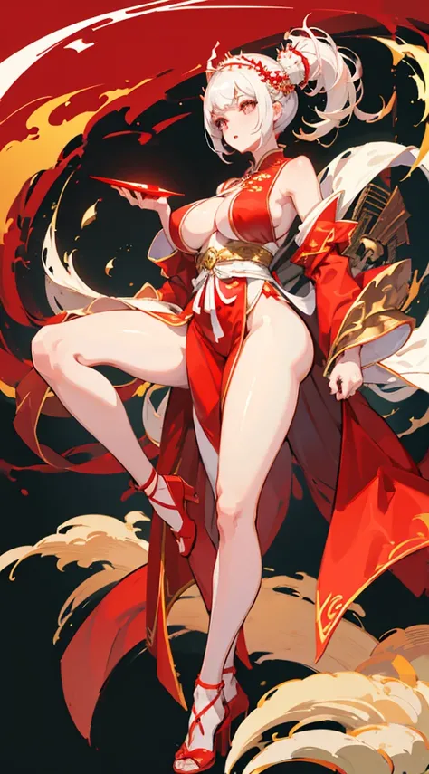 a girl，white short hair，huge breasts，slender waist，There are two dragon horns on the head，Wearing red clothes，The type of clothing is Hanfu，golden headdress，red and white background color，Standing posture，wearing high heels。Perfect body。full body picture