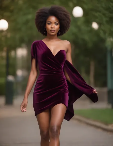 woman wearing a draped velvet mini dress, afro hair and high heels