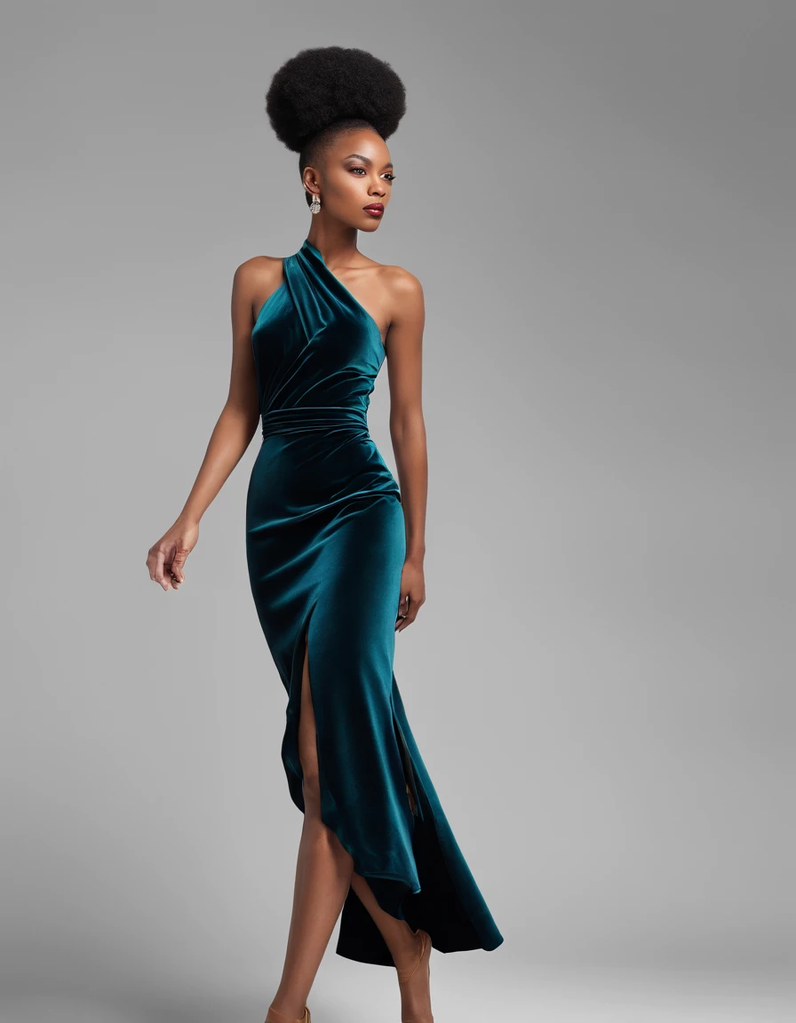 “Draw a woman with a strong, confident personality, dressed in an elegant draped velvet midi dress. Imagine her with afro hair and wearing high heels, confidently parading through a crowd of people. Capture the energy and distinctive aura that transmits."