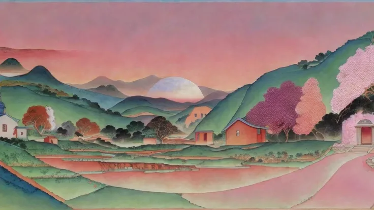 Painting of a rural landscape with a river and a house, dream landscapeの絵, jim warren, a surreal dream landscape, blissful landscape, psychedelic landscape, color field painting. 8K, korean artist, surreal landscape, dreamlike landscape, pink landscape, dr...