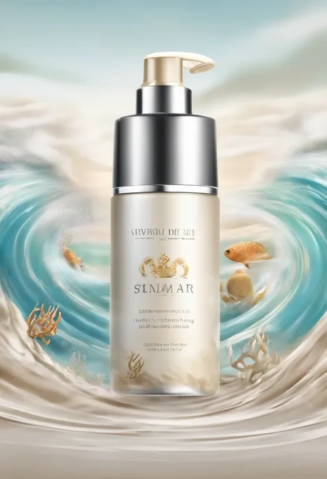 3D skin care packaging design with a marine theme, create an image of the packaging without branding, create a sea background
