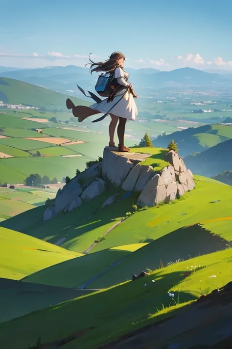 Full body figure of a woman on a hill overlooking a fantastic landscape