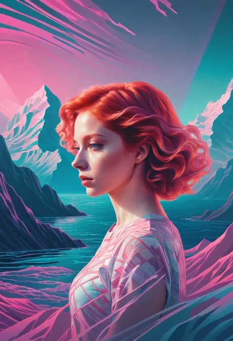 Vaporwave aesthetic pastel drawing, random directions theme, Young redhead Russian Svetlana Maltseva in double exposure.  crossroads, different paths, mountains, sea. hyper-detailed intertwining elements, dramatic lighting casting volumetric shadows adding...