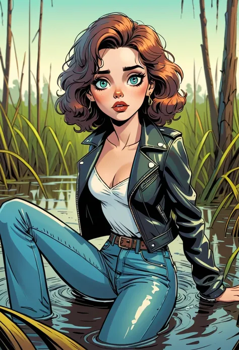 (cartoon 70s style,shy woman,detailed eyes,detailed lips,wavy hairstyle) (soaking wet,(high waisted,flared) jeans,leather jacket) (caught when indulging in her fetish) (drowning in swamp)
(best quality,4k,8k,highres,masterpiece:1.2),ultra-detailed,(realist...