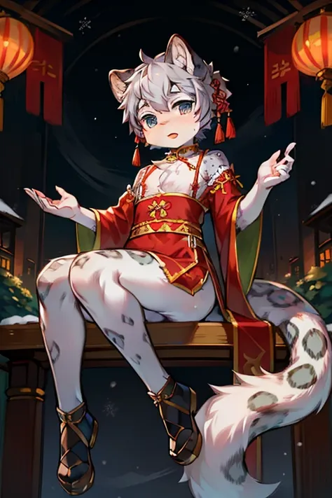 Shota，hairy，snow leopard，，，national style，，cheveux gris courts，Chinese costumes