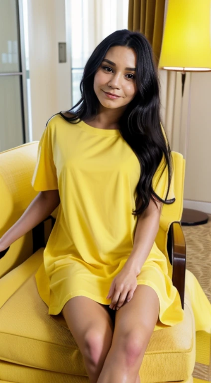 Foto hiperrealista en primer plano de Vanessa Hudgens  wear yellow t-shirt dress, siting on the armchair, beautiful legs, sexy pose, hotel hall, beautiful woman, skinny, small breasts, black long hair, detailed face, smile, facing the camera, photo taken f...