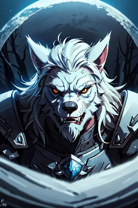 white-haired werewolf,wearing plate armor,blue lightning-covered claws,incandescent sunlight aura,illustration,detailed fur texture,sharp focus,ultra-detailed eyes and face,physically-based rendering,portraits,vivid colors,wolf fangs,moonlit forest backgro...