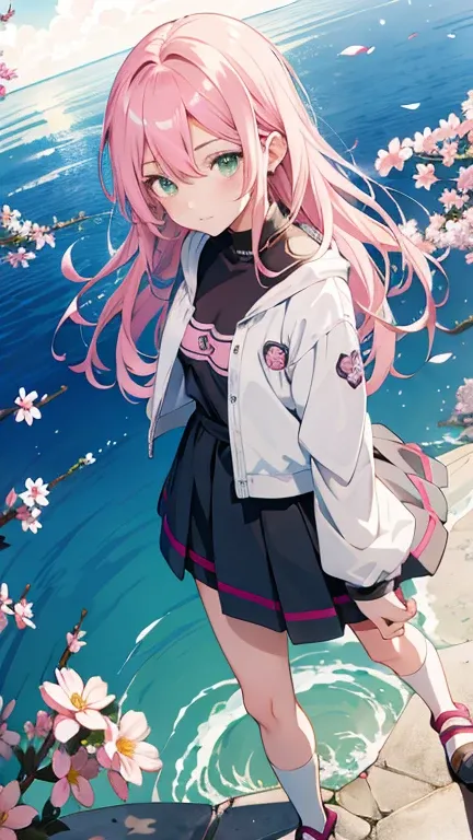 Anime girl with pink hair and green eyes posing for photo, Haruno Sakura, Best Anime 4K Konachan Wallpapers, seductive anime girls, Kitagawa Marin fan art, Sakura petals surround her, splash ink art anime loli, anime style 4k, Anime cute art style, High qu...