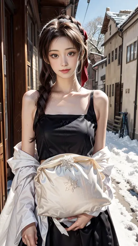 8K, best qualtiy, masterpiece, photograph realistic, Hide your face with happiness, black Lolita costume, Lace, Aerith Gainsborough, whole body, undergarments, exposed bare shoulders, do lado de fora, outside, Covered with snow, cloaks, high high quality, ...