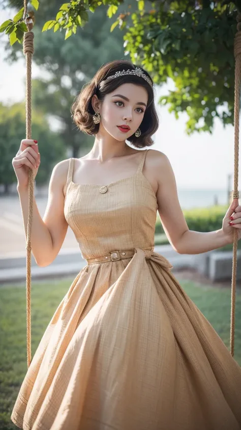 Imagine a retro queen in a vintage-inspired swing dress, with a full skirt and cinched waist, exuding retro charm and old Hollywood glamour, all portrayed with mesmerizing 8K detail