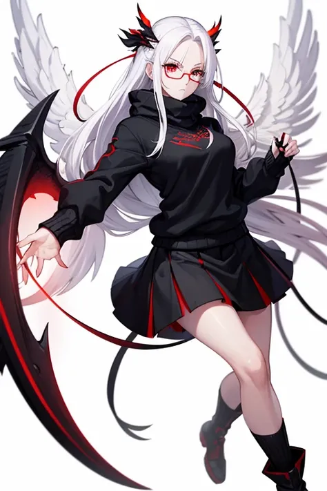 white hair, red eyes, woman, sweater, black sweater, skirt, black skirt, jojo pose, white hair, red eyes, long hair, angry, glasses, white background, wings, white wings, red aura