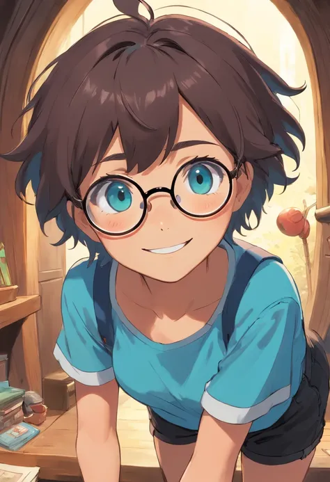 1 girl, round frame glasses, large glasses, smiling, looking at camera, messy short hair, dark skin, round eyes, cyan blue shirt, black shorts, close up, magazine photoshoot, dynamic poses