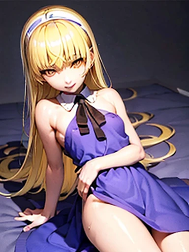 nsfw,sex、rape、vaginal 、lie down、On your back、sleep、Held down、Alice、delicate、beautiful, whole body, smile, smile alicesmt, dress, long hair, blonde hair, hair band, dull bangs, puffy sleeves, blue dress, yellow eyes