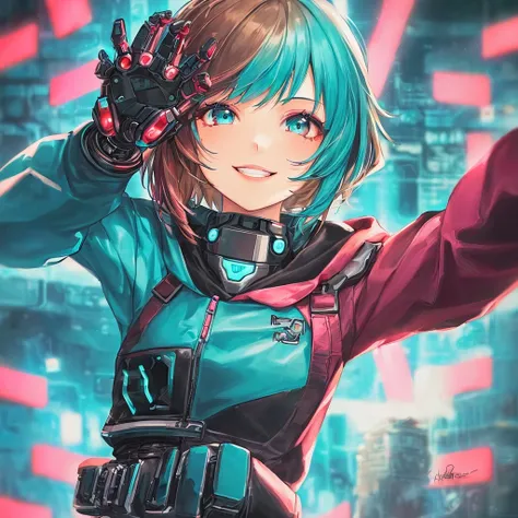 (cyberpunk), 1girl, colored tips, teal eyes, hoodie, long sleeves, looking at viewer, short hair, multicolored hair, parted lips, brown hair with red tips, hair down, red eyeliner, solo, pink jacket, cyberpunk (series), cybernetic arms, cybernetic robot ha...