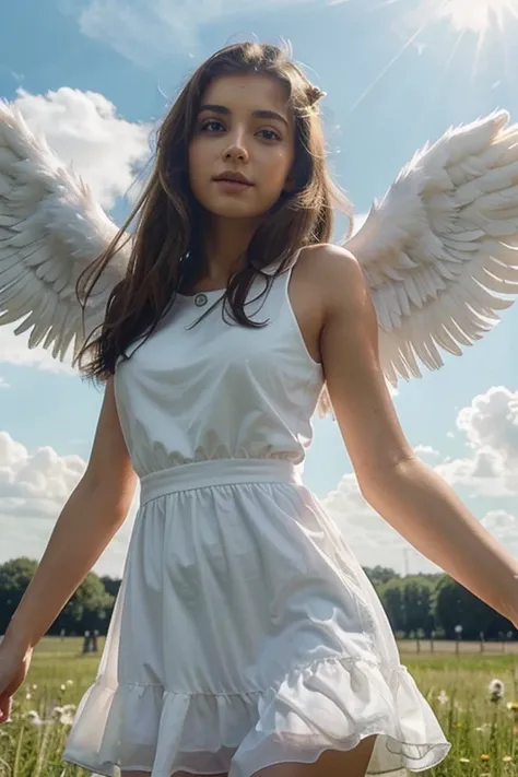 angel beautiful girl beautiful white dress sky clouds rays of light wings