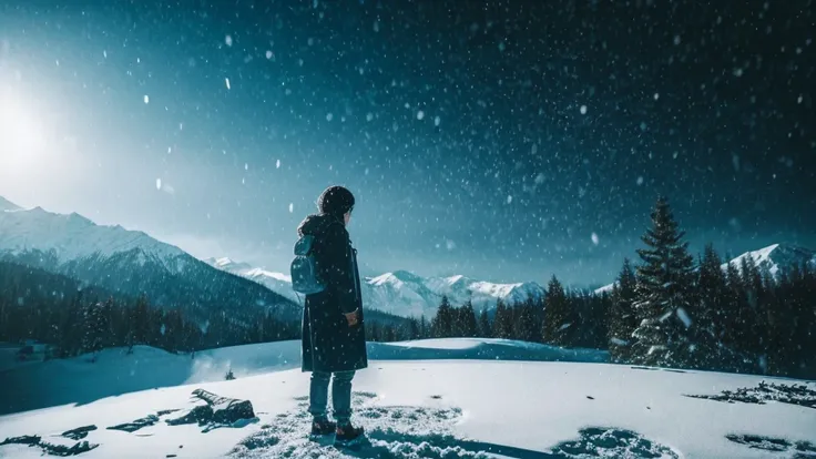 Snow is falling from above.
A qi is growing in the distance.
The shadow of a person standing still.
A fantastic monochrome image.