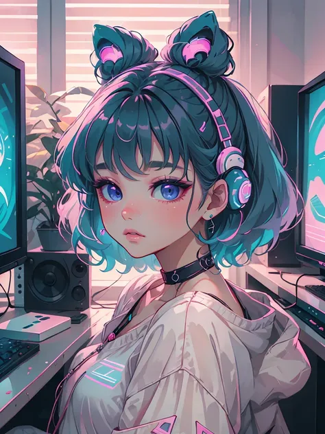 masterpiece, cutecore vaporwave style, 1 woman, playing game, gaming room, casual clothes
, 