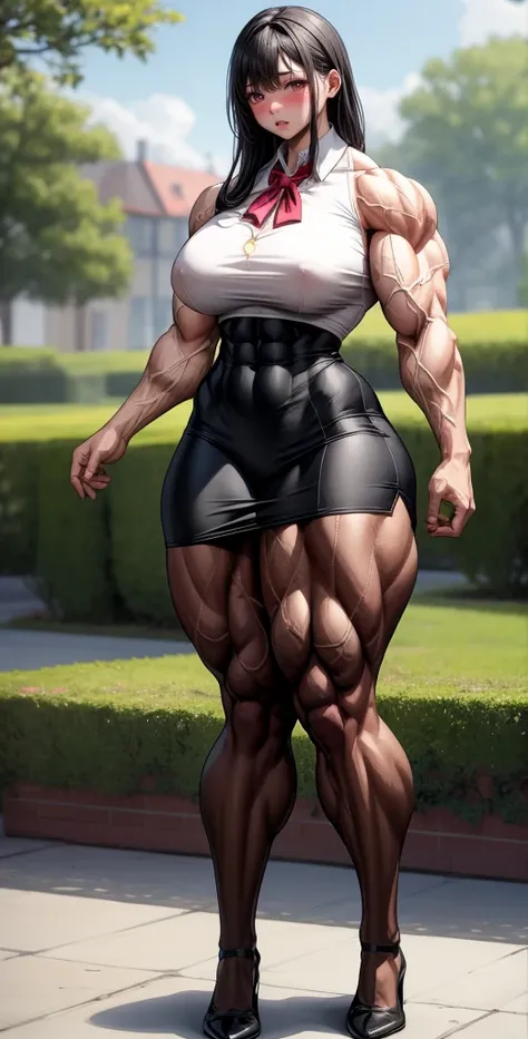 Girl,Muscular female,Muscular thighs,Muscular legs,Room,standing , Alternating muscle sizes, ,,pencil skirt,Muscular, collared shirt,tights,garden