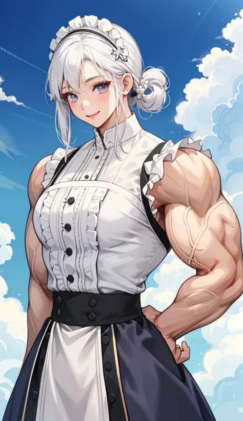 1girl in、A smile、The shirt、skirt by the、pinafore、hair adornments、Maid costume、White hair、Chilarism、summer clothing、Upper body portrait，(muscular female:1.2),(biceps),covered abs