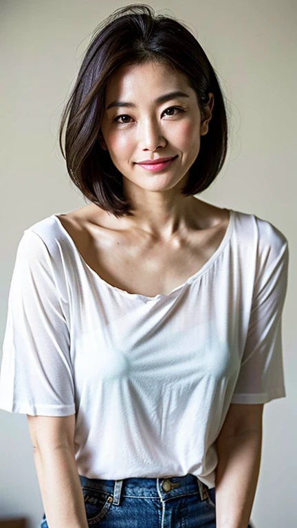 (highest quality, 8K, 32K, masterpiece, UHD:1.2),beautiful woman pictures, 50-year-old Japanese woman with age-appropriate wrinkles, natural makeup, and flat chest, smile, (Wrinkles:1.3) at the corners of the eyes, laugh lines, wrinkled skin, thin lips, sl...