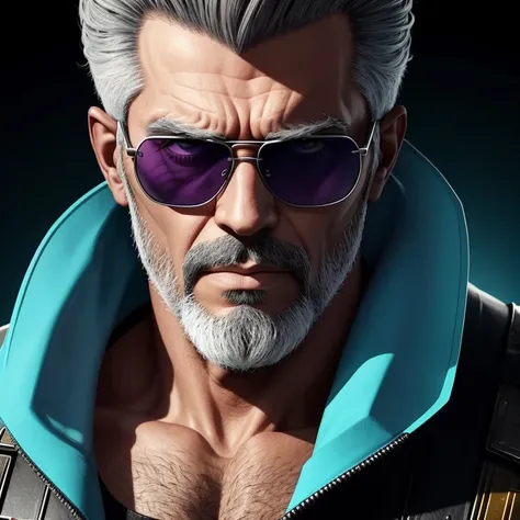 Edlintramos with grey beard and sunglasses, arte cyberpunk, arte funk, cores gradientes deslumbrantes, retrato estilizado h 704, pompadour, streamer twitch, cores frias. insanamente detalhado, t-800, sem assinatura de marca d&#39;water, em cores ricas, ult...