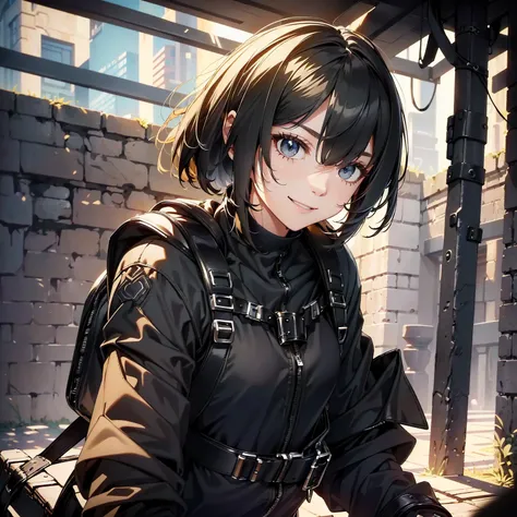 (masterpiece、highest quality、highest resolution、clear_image、detailed details): (whole body、18 year old female fighter，Slender、small face、black super bob short hair、Shiny black tight combat uniform，tight suit、Gentle smile、Backpack)