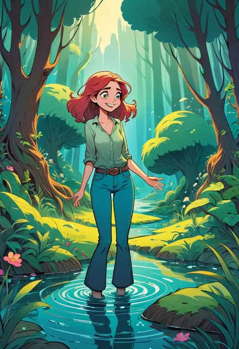 (best quality,4k,8k,highres,masterpiece:1.2),cartoon,shy woman wearing flared jeans,drowning in bog,emotiveexual tension,subtle expressions,detailed hair,water reflections,atmospheric lighting,vivid colors,humorous situation,comic book style,colorful backg...