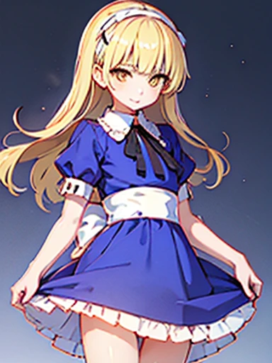 nsfw,tuck up、スカートtuck up、Skirt lifting、Alice、美girl、girl、delicate、beautiful, whole body, smile, smile alicesmt, dress, long hair, blonde hair, hair band, dull bangs, puffy sleeves, blue dress, yellow eyes